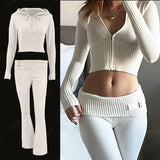 Lubintang New Knitted Hoodie Cropped Top And Pants Sets White Y2k Casual Outfits Low Waist Knit Two Piece Sets For Women Tracksuit