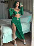 Lubintang 2024 Autumn Summer Club Fashion Long Sleeve Women Crop Tops And Sexy Long Hight Waisted Split Skirt Dress Two Piece Set