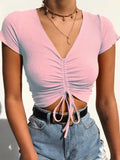 Lubintang V Neck Cropped Tank Tops Women Drawstring Tie Up Front Camis Candy Colors Streetwear Slim Fit Ribbed Crop Top 2024