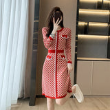 Lubintang Spring Pullover Knitted Sweater Dress Women Korean Fashion Vintage Round Neck Plaid Red Black Dress Robe Femme Vestidos