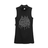 Lubintang Chic Fashion Women Black Mock Neck Dark Punk Style Print Sexy Slit Tee Streetwear Casual Y2k Sleeveless Tank Top Mujer