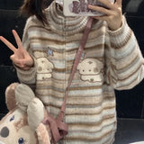 Lubintang Kawaii Striped Sweaters Mujer Spring Stand Collar Dog Print Cardigans Y2k Grunge Long Sleeve Zipper Knitted Tops