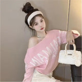 Lubintang Lazy Letter Print Sweaters Mujer Autumn Slash Neck Knitted Tops Women Y2k E-Girl Long Sleeve Bottoming Pullovers