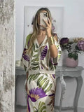 Lubintang Elegant Satin Print Long Skirt Set For Women Fashion V Neck Single Breasted Shirt Suit 2024 Summer Lady Chic Loose Outfits