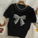 Lubintang Summer Chic Ice Silk Sweater 3D Bow Pearls Beaded Jumpers Pullovers O-Neck Knitted Tshirt Knitwear Tees Crop Tops