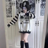 Lubintang Black White Striped Sweaters Mujer 2024 New Star Letter Print Tops Women Y2k Autumn Long Sleeve Hole Pullovers