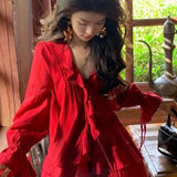 Lubintang V-neck Ruffles Long Sleeve Tops Women+ Y2k E-Girl High Waist Ruched A-line Skirts Spring New Red Two Piece Sets