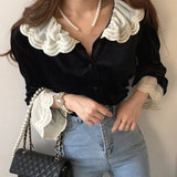 Lubintang Autumn Chic Fashion Korean Blouse Peter Pan Collar Vintage Elegant Shirt All Match Lace Patchwork Blusas Tops Mujer