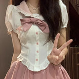 Lubintang Rabbit Ear Sailor Collar Puff Sleeve Shirts Women+ Y2k Slim Waist Ruched Pink Skirts Summer Oversize Two Piece Sets