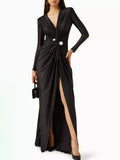 Lubintang 2024 New Female Tied Waist Deep V-Neck Pleated Prom Banquet Dress Spring Long Sleeves Elegant Party Evening Maxi Dresses