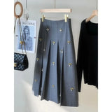 Lubintang Trend New Beading Skirt for Women Korean Chic High Waist Ruched Gray Skirts Y2k E-Girl Mid-length A-line Faldas Mujer