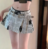 Lubintang Printed Pleated Skirts 2024 Autumn New Low Waisted A-line Skirt for Women Y2k Grunge Faldas Mujer Newspaper