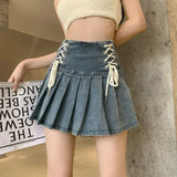 Lubintang Chic Blue Denim Skirt for Women 2024 Summer New High Waist A-line Skirts Y2k E-Girl Drawstring Bow Faldas Mujer