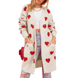 Lubintang Women Open Front Duster Sweaters Casual Heart Print Knitted Cardigans with Pockets Warm Fall Knitwear for Streetwear