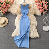 Lubintang Chic Fashion Woman Dress Solid O Neck Sleeveless Maxi Dresses Vintage Summer High Waist Knitted Stretch Vestidos Mujer