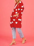 Lubintang Women Open Front Duster Sweaters Casual Heart Print Knitted Cardigans with Pockets Warm Fall Knitwear for Streetwear