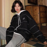 Lubintang Black Sweatshirt Women Korean Fashion Streetwear Striped Hoodie Vintage Hip Hop Pullover Aesthetic Oversized Tops