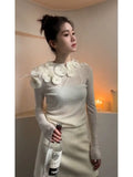 Lubintang Chinese Style O-neck Flower Beading Tops Women Spring Slim Fit White Pullovers Y2k E-Girl Long Sleeve Sweater Mujer