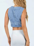 Lubintang Women Basic Jean Vest 90s Y2K Tank Tops Sleeveless V Neck Button Down Denim Crop Tops Streetwear