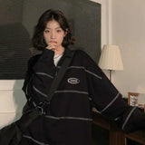 Lubintang Black Sweatshirt Women Korean Fashion Streetwear Striped Hoodie Vintage Hip Hop Pullover Aesthetic Oversized Tops