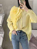 Lubintang Chic Fashion 3D Floral Turn Down Collar Vintage Blouse Solid Elegant Shirt All Match Casual Blusas Top Mujer De Moda