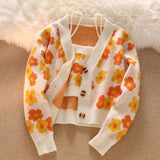 Lubintang Chic Fashion Women V Neck Long Sleeve Casual Floral Knitted Cargidan Coat+Sweet Y2k Sexy Camisole Tank Top 2 Pcs Sets