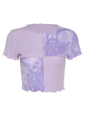 Lubintang Crop Tops Tees Tie Dye With Sequin Patchwork Women Summer T-shirts Ruffles Hem Purple Or Bule Clothes