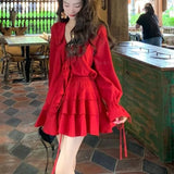 Lubintang V-neck Ruffles Long Sleeve Tops Women+ Y2k E-Girl High Waist Ruched A-line Skirts Spring New Red Two Piece Sets