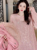 Lubintang Winter New Heavy Industry Flash Rhinestone Round Neck Sweater Oversize Idle Style All-Match Women's Mid-length Pullover