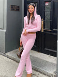 Lubintang Women Spring Outfits Casual Zipper Sweater Hoodie Set High Waist Flare Pants Suits Pink Knitted Womens Y2k Two Piece Set