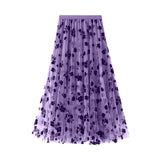 Lubintang Women¡¯s Mesh Tulle Long Skirt Vintage High Waist Flocked Floral Print Midi A-line Skirt Streetwear