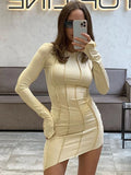 Lubintang Solid Patchwork O Neck Mini Dress Women Autumn Bodycon Long Sleeve Slim Fit Elegant Party Club Vestido