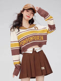 Lubintang Casual Contrast Color Letter Print Women Sweaters Turn Down Collar Long Sleeve Pullovers Sweet Chic Fashion Jumpers