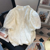 Lubintang Summer Chic Fashion Blouse Stand Collar Vintage Solid Elegant Shirt All Match Casual Embroidery Blusas Mujer De Moda