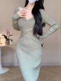 Lubintang Women Elegant Slim Knitting Midi Dress Autumn New Solid Ribbed Bodycon Evening Party Vestidos Winter Sweater Robe Jumper