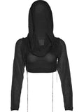 Lubintang Through Knit Hoodies Sexy Solid Pullover Hoodies Club Outfit for Women Long Sleeve Hooded Crop Top Coquette Black Y2k Top