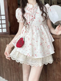 Lubintang Floral Kawaii Two Piece Set Women Japanese Sweet Elegant Skirt Suit Female Puff Sleeve Blouses £« Lace Lolita Cake Skirt