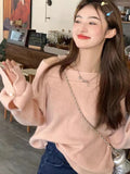 Lubintang Pink Crop Knit Off Shoulder Sweater Top Women Korean Autumn Loose Oversize Pullover High Quality Youth Elegant Knitwear