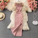 Lubintang Chic Fashion Woman Dress Solid O Neck Sleeveless Maxi Dresses Vintage Summer High Waist Knitted Stretch Vestidos Mujer