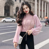 Lubintang Sweaters Pullover Sweater Women's Spring and Autumn Mesh Long Sleeve Splicing Knitwear Top Femme Chandails