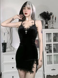 Lubintang Cross Black Mini Dress Vintage Sexy Spaghetti Strap High Waist Slit Dresses Goth Party Club Women Dress