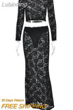 Lubintang Sexy See Through Lace Women Skirt Suit Black Long Sleeve T-shirt Long Skirt Autumn Printed Floral Elegant Two Piece Sets