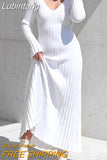 Lubintang Knitted Pit Stripes Maxi Dress For Women White Long Sleeve Round Neck Dress Female Autumn Solid Casual Skinny Streetwear