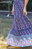 Lubintang Long Patchwork Print A-Line Skirt Floral Skirt Women Casual Beach Faldas Female Boho Elastic Waist Holiday Maxi Skirts