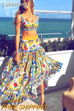 Lubintang Women Boho Skirt Suits 2023 Summer Printed Sleeveless Backless Crop Camis And Beach Holiday A-Line Skirt Women 2 Pieces Set