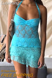 Lubintang Patchwork See Through Lace Tops Women Orange Backless Lace Up Halter Tank Top Female Summer Skinny Spicy Girl Beachwear