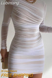 Lubintang Sexy See Through Mesh Ruched Women Dress White Long Sleeve Round Neck Dress Female Autumn Skinny Elegant Party Clubwear