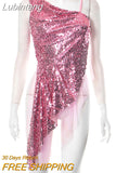 Lubintang Sexy Sequins Sparkling Women Tank Top Pink One Shoulder See Through Mesh Top Female Summer Skinny Elegant Party Clubwear