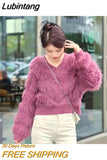 Lubintang Women's Artificial Mink Fur V-Neck Sweater, Knitting Pullover, Autumn