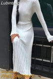 Lubintang Knitted Pit Stripes Maxi Dress For Women White Long Sleeve Round Neck Dress Female Autumn Solid Casual Skinny Streetwear